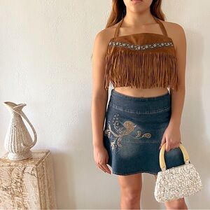 Vintage 70s Boho Festival Suede Fringe Halter Top sz M